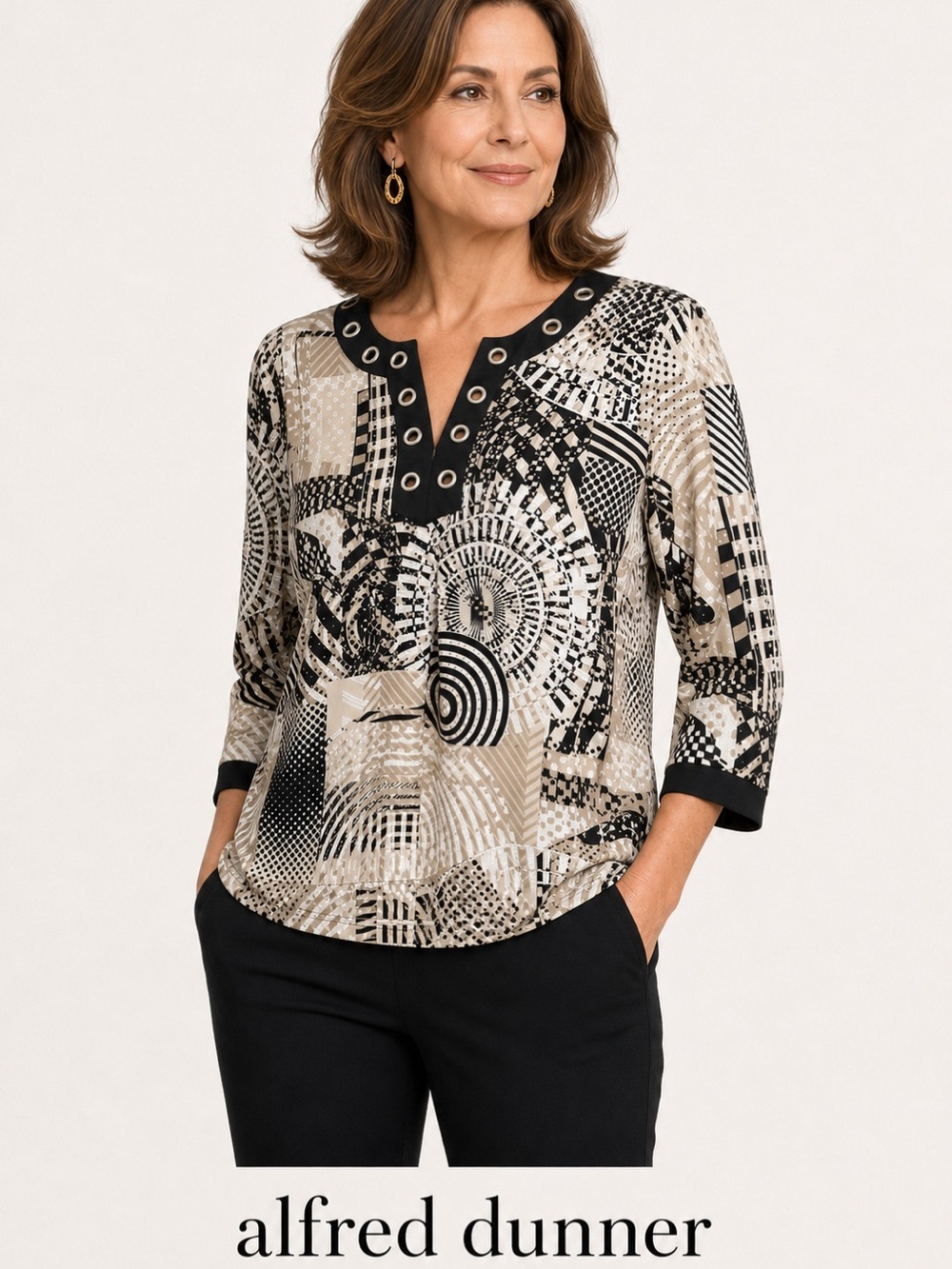 Alfred Dunner Geometric Grommet Neck Top Black Taupe Top size Petite Large PL